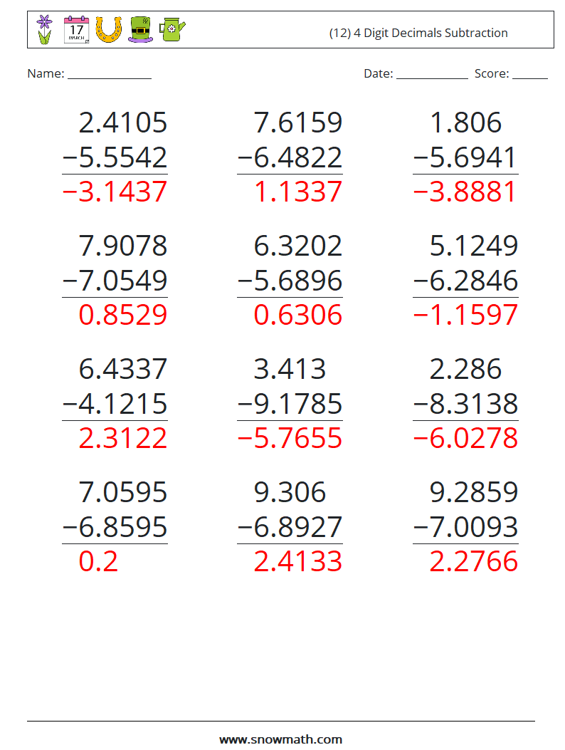 (12) 4 Digit Decimals Subtraction Math Worksheets 2 Question, Answer