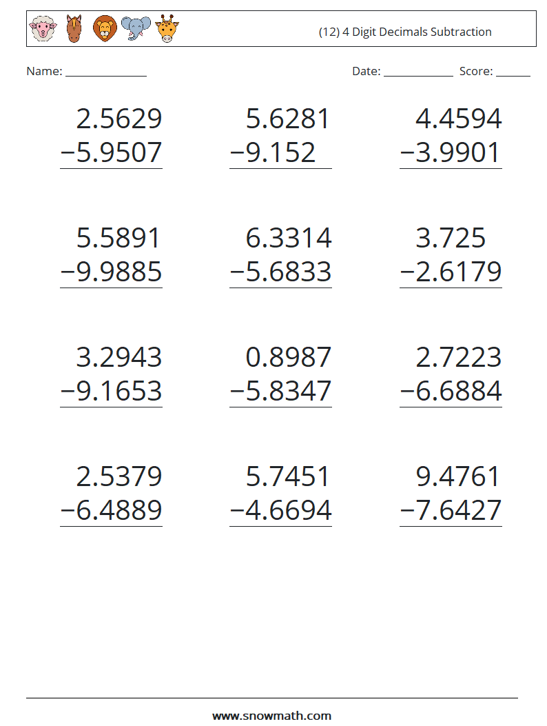 (12) 4 Digit Decimals Subtraction Math Worksheets 3