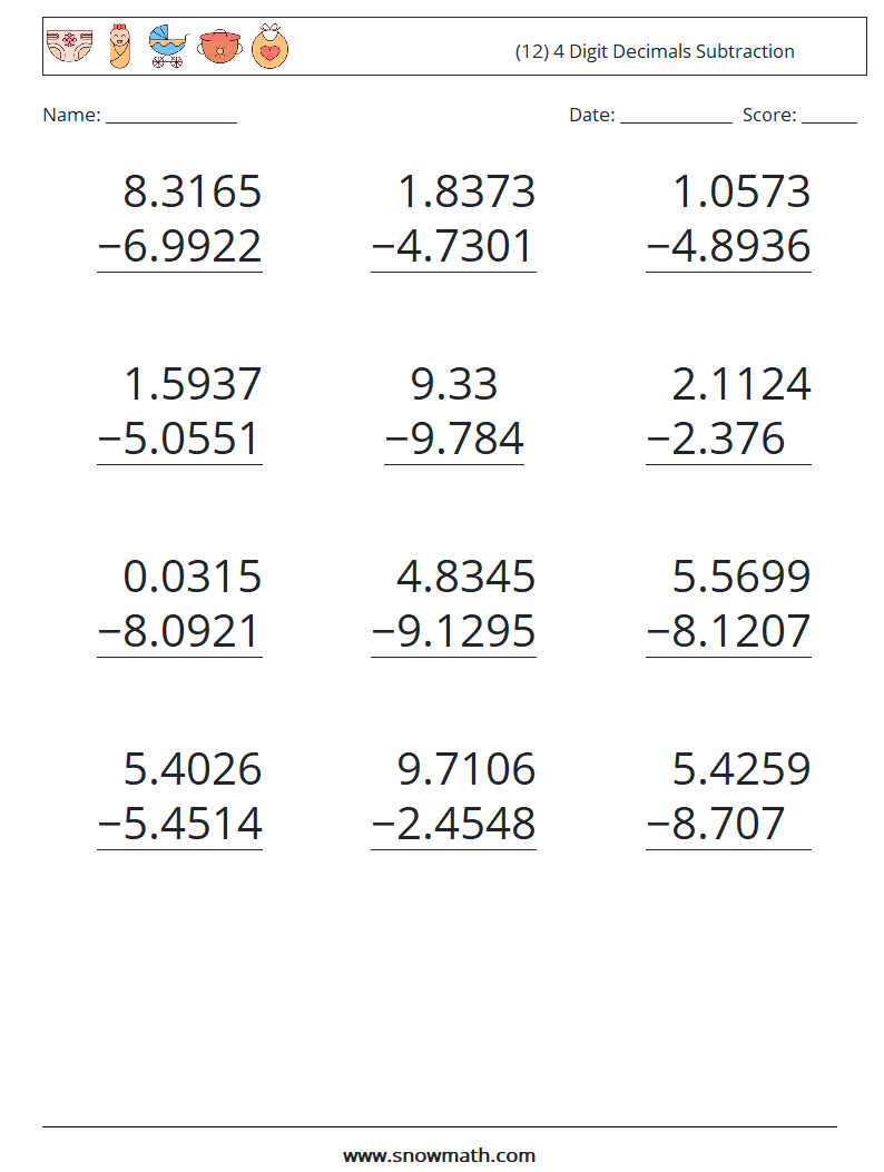 (12) 4 Digit Decimals Subtraction Math Worksheets 4