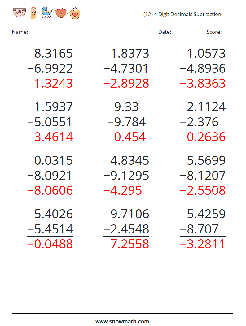 (12) 4 Digit Decimals Subtraction Math Worksheets 4 Question, Answer