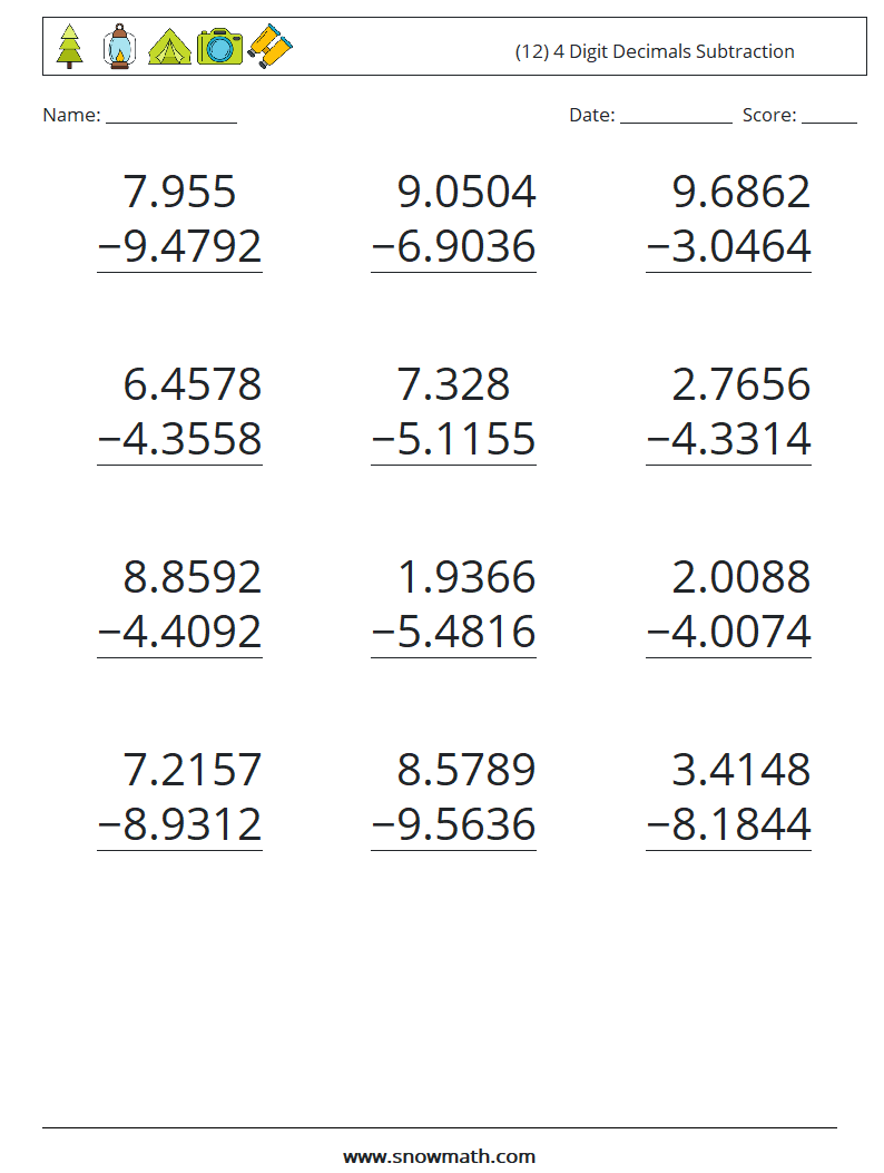 (12) 4 Digit Decimals Subtraction Math Worksheets 5