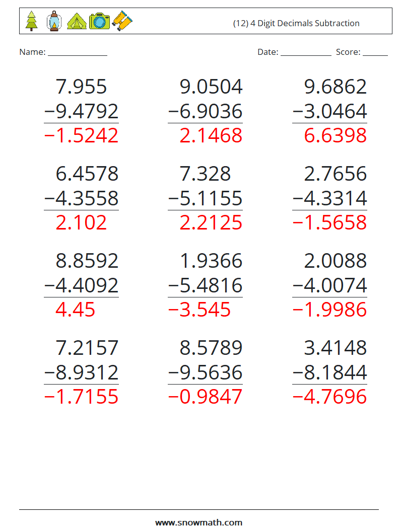 (12) 4 Digit Decimals Subtraction Math Worksheets 5 Question, Answer