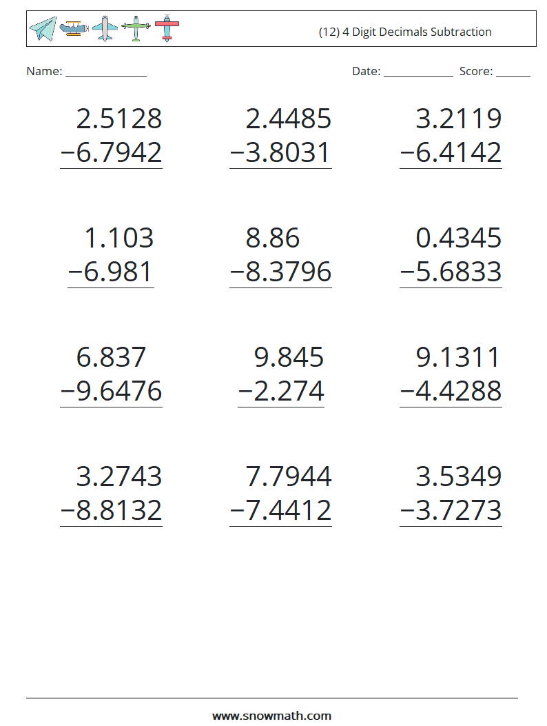 (12) 4 Digit Decimals Subtraction Math Worksheets 6