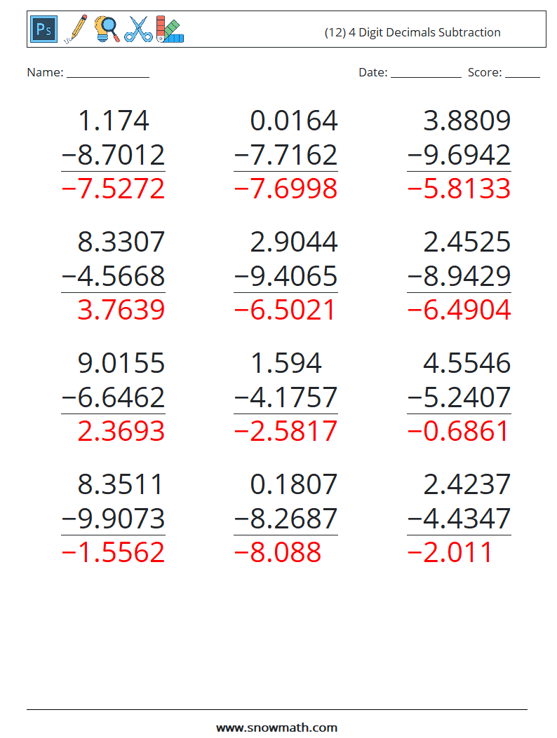 (12) 4 Digit Decimals Subtraction Math Worksheets 7 Question, Answer