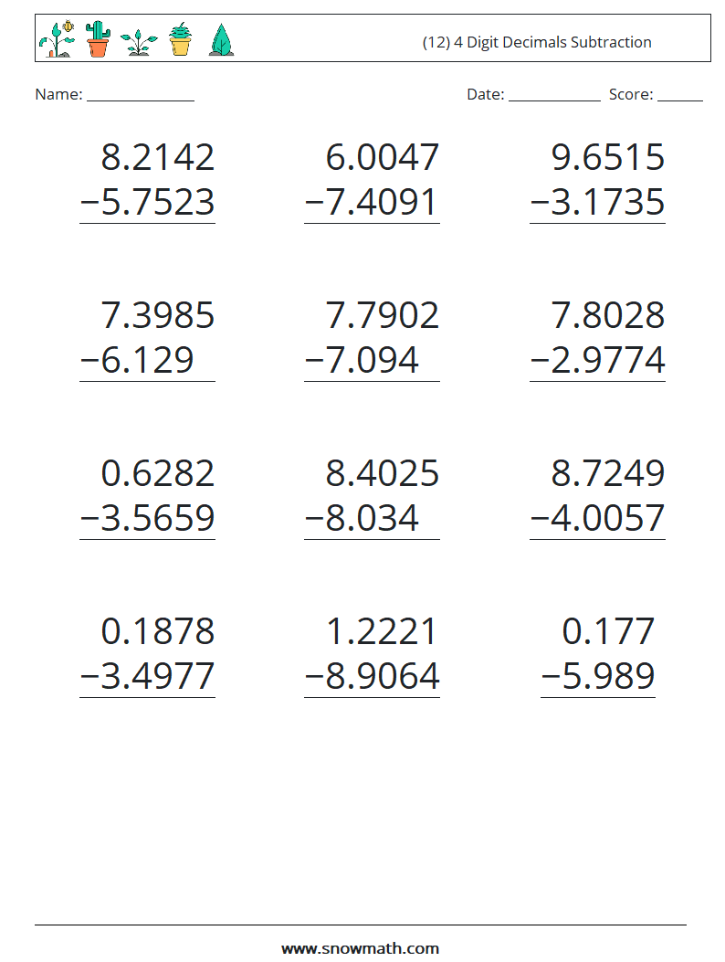 (12) 4 Digit Decimals Subtraction Math Worksheets 8