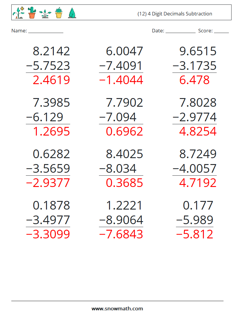 (12) 4 Digit Decimals Subtraction Math Worksheets 8 Question, Answer