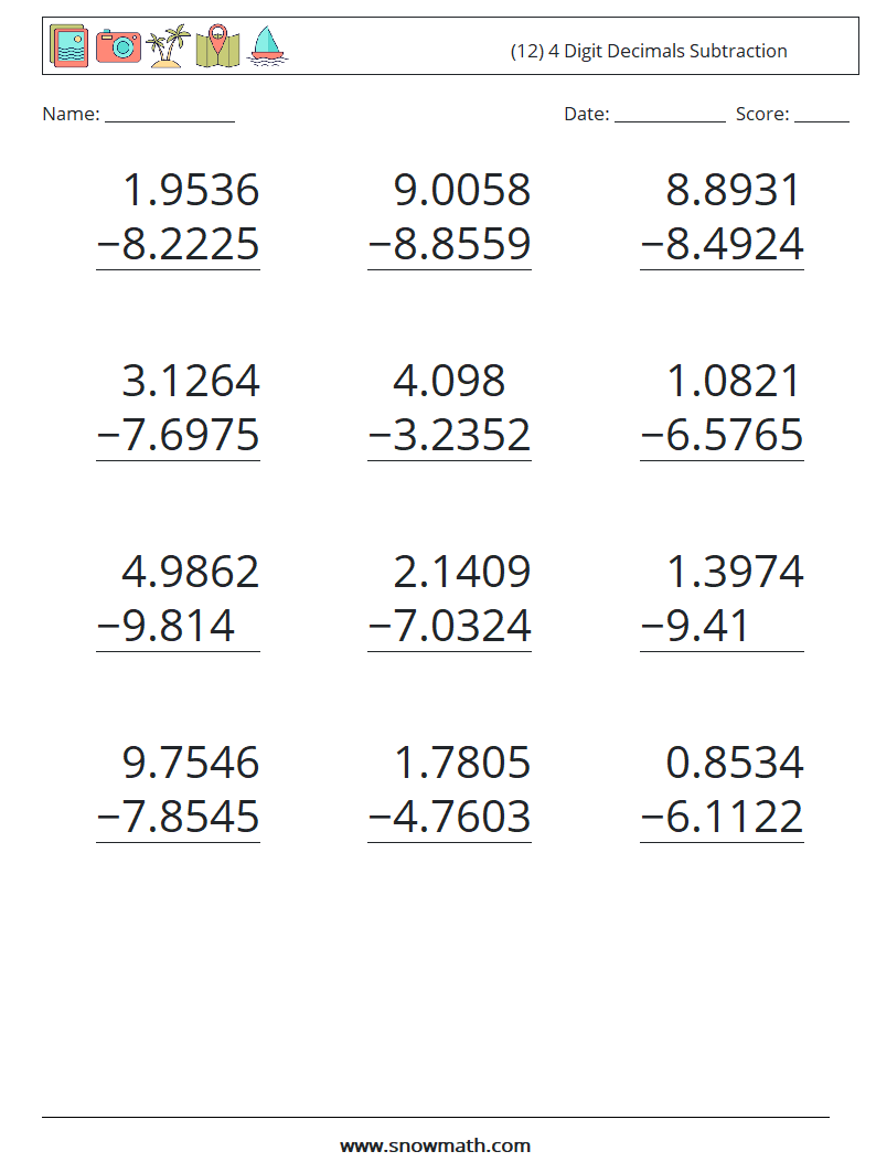 (12) 4 Digit Decimals Subtraction Math Worksheets 9