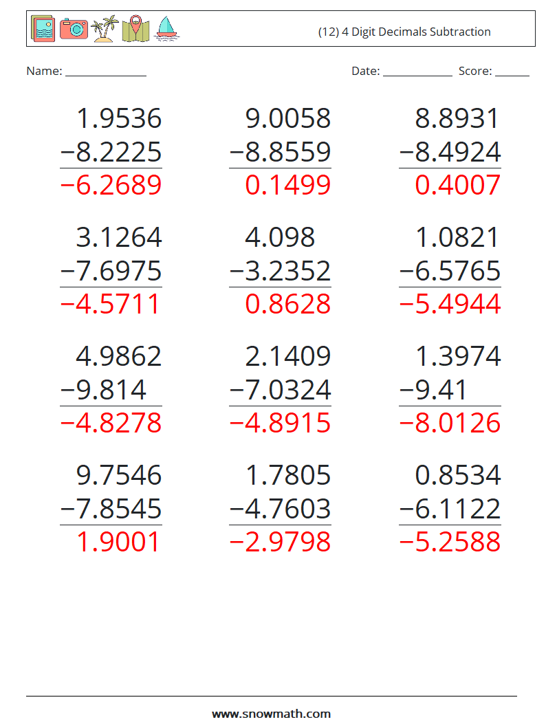 (12) 4 Digit Decimals Subtraction Math Worksheets 9 Question, Answer