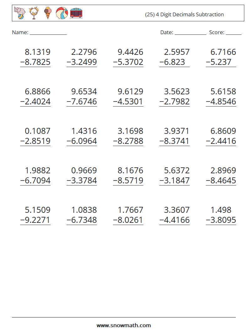 (25) 4 Digit Decimals Subtraction Math Worksheets 1