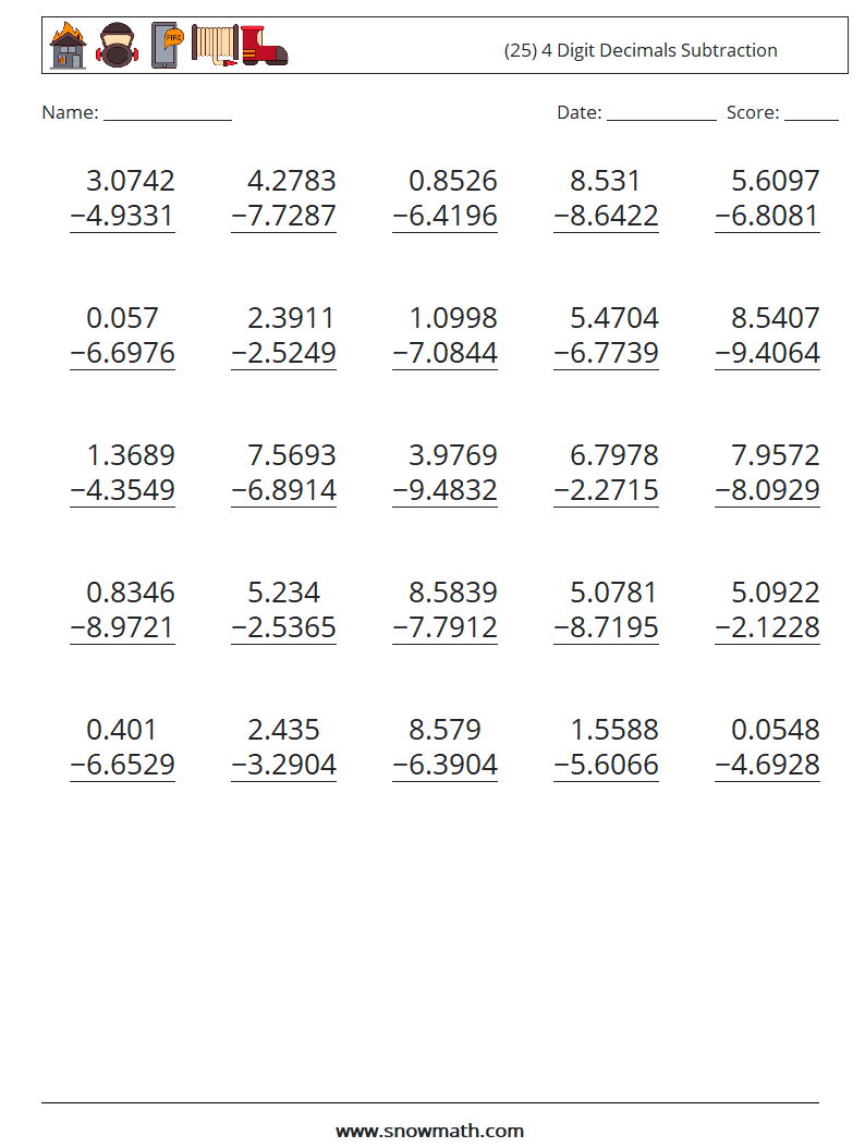 (25) 4 Digit Decimals Subtraction Math Worksheets 10