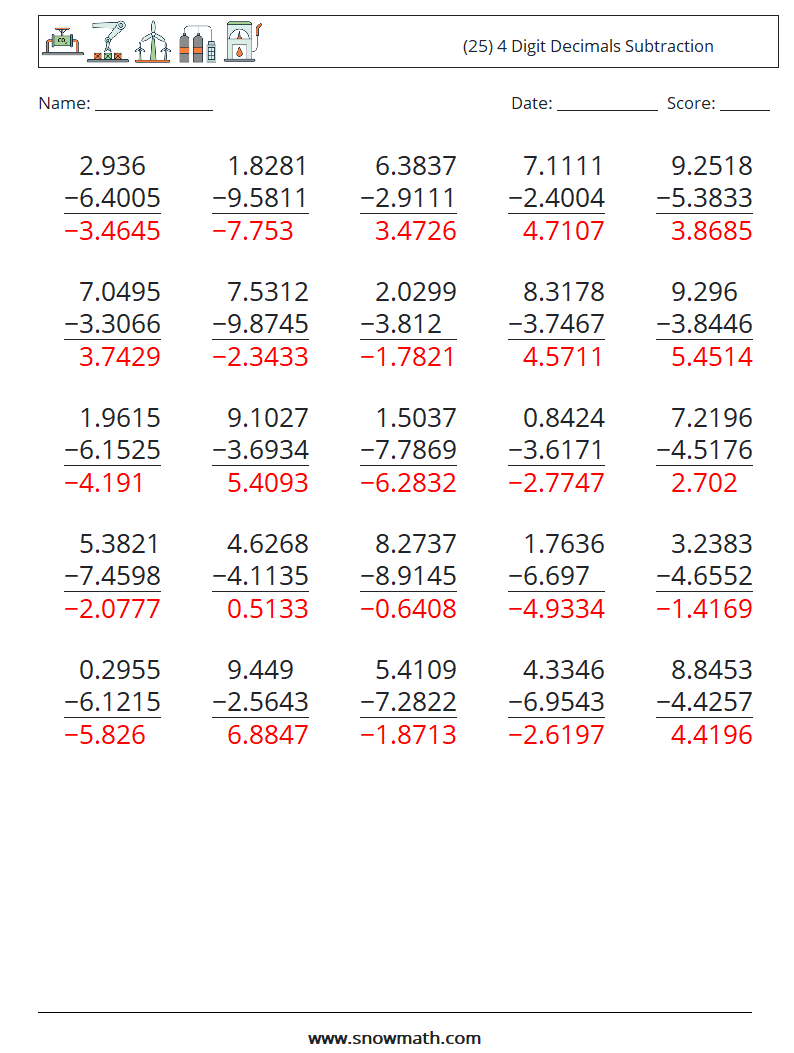 (25) 4 Digit Decimals Subtraction Math Worksheets 11 Question, Answer