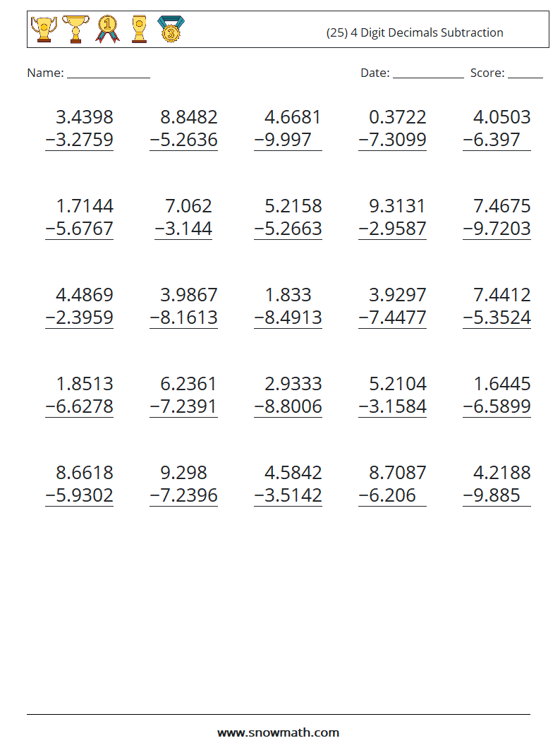 (25) 4 Digit Decimals Subtraction Math Worksheets 12