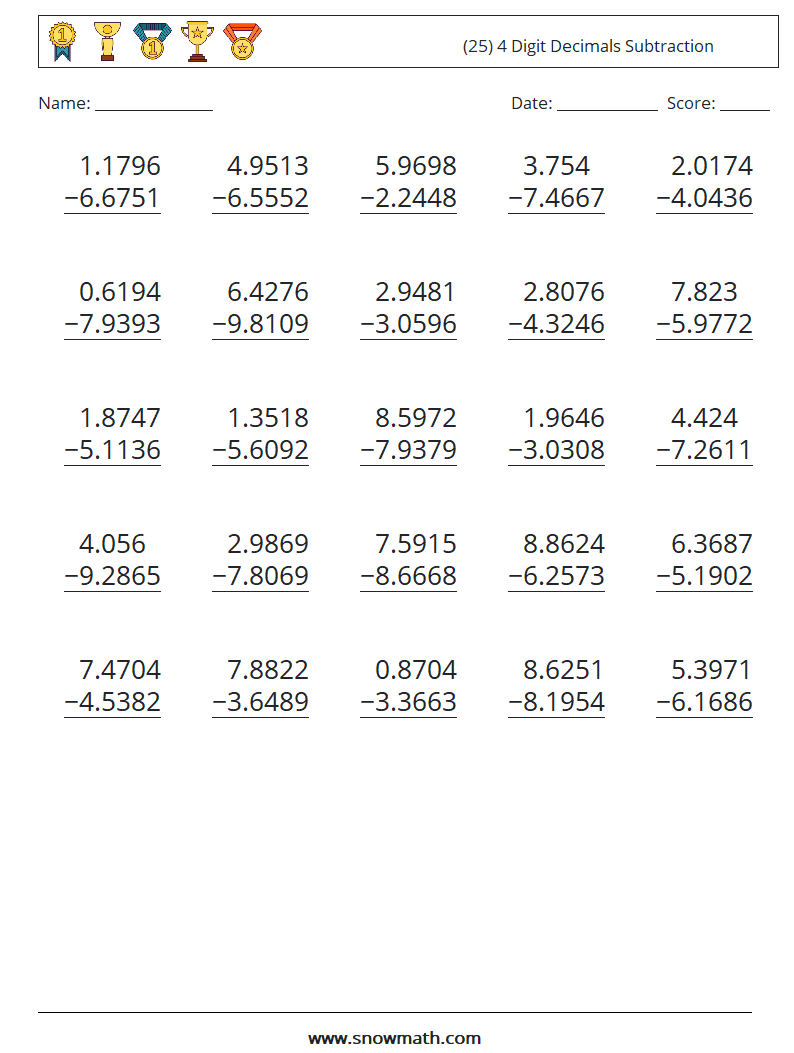 (25) 4 Digit Decimals Subtraction Math Worksheets 13