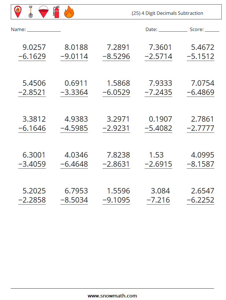 (25) 4 Digit Decimals Subtraction Math Worksheets 15