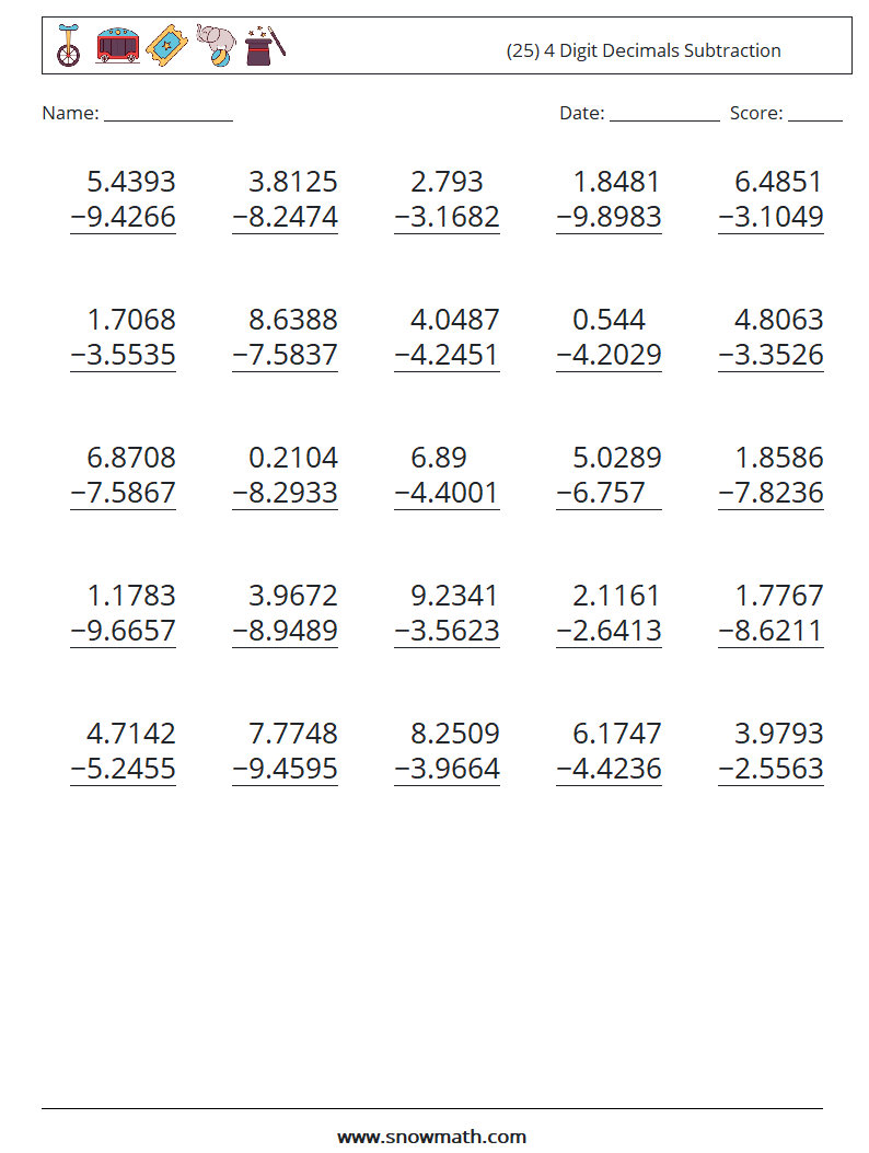 (25) 4 Digit Decimals Subtraction Math Worksheets 17