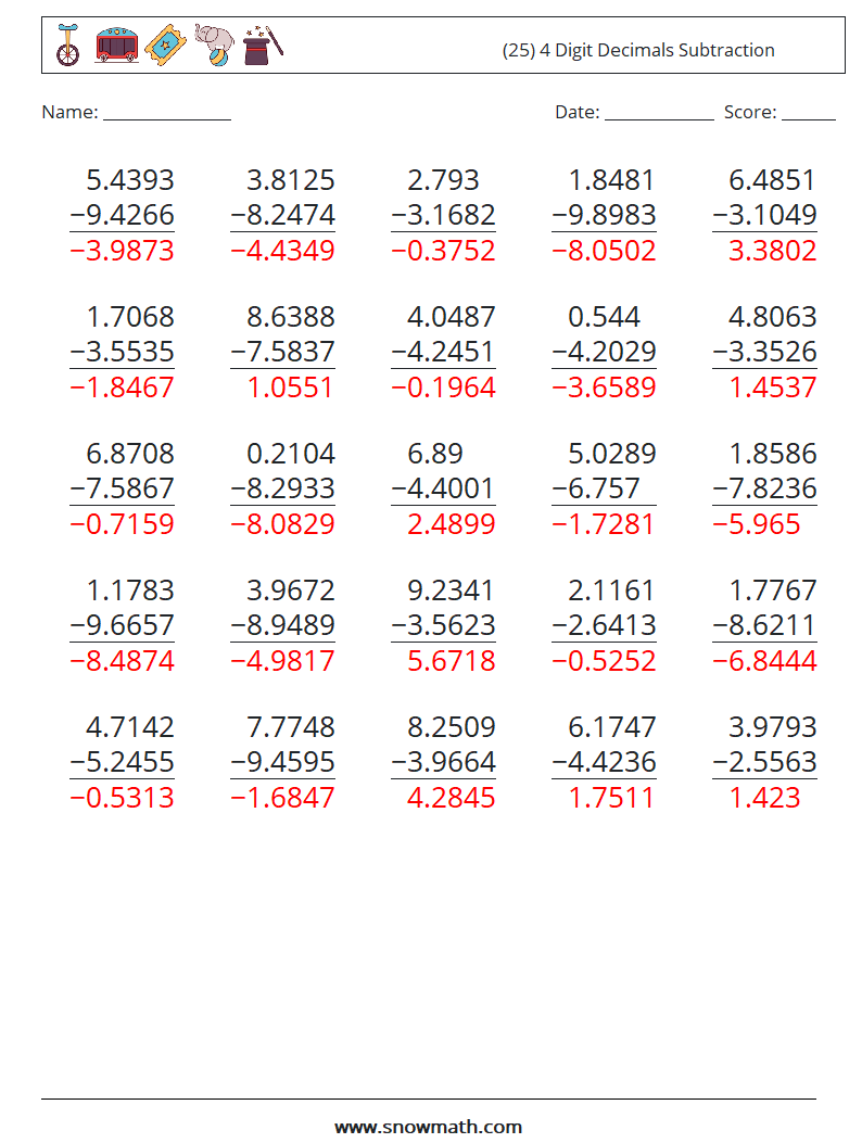 (25) 4 Digit Decimals Subtraction Math Worksheets 17 Question, Answer