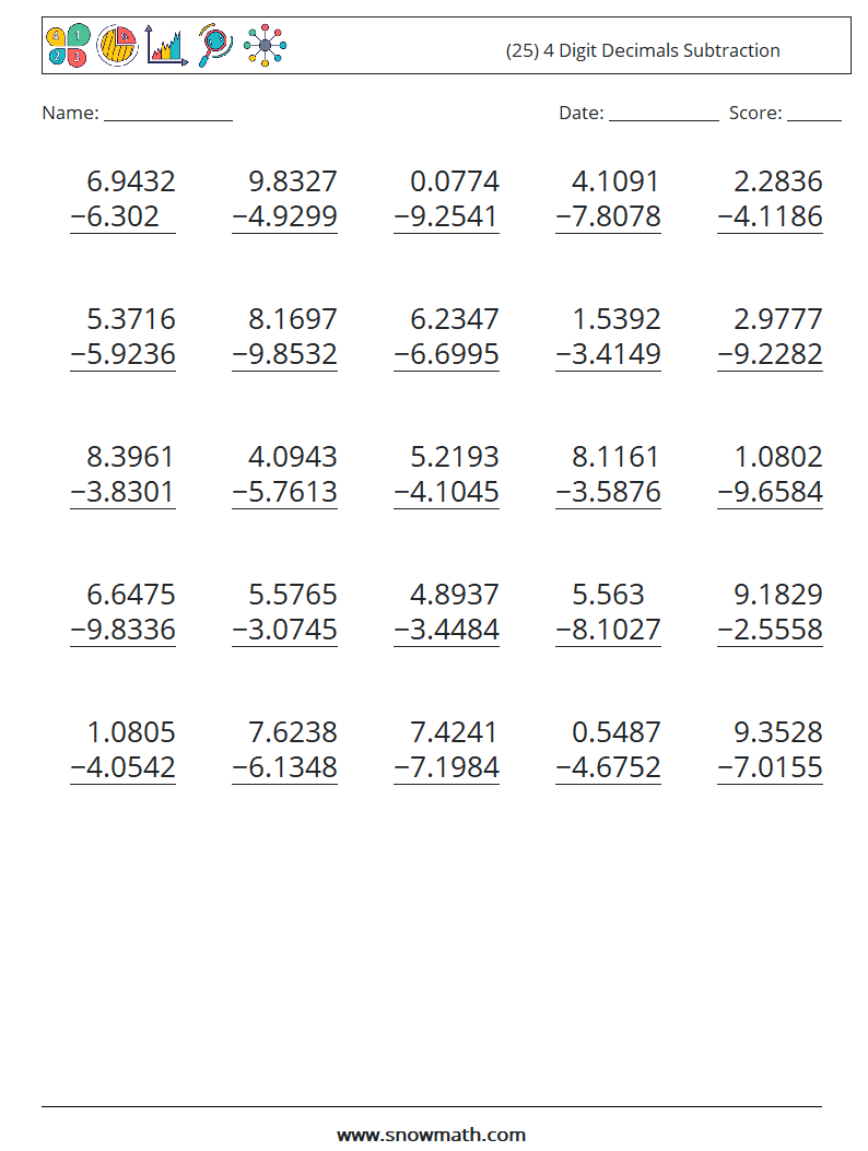 (25) 4 Digit Decimals Subtraction Math Worksheets 18