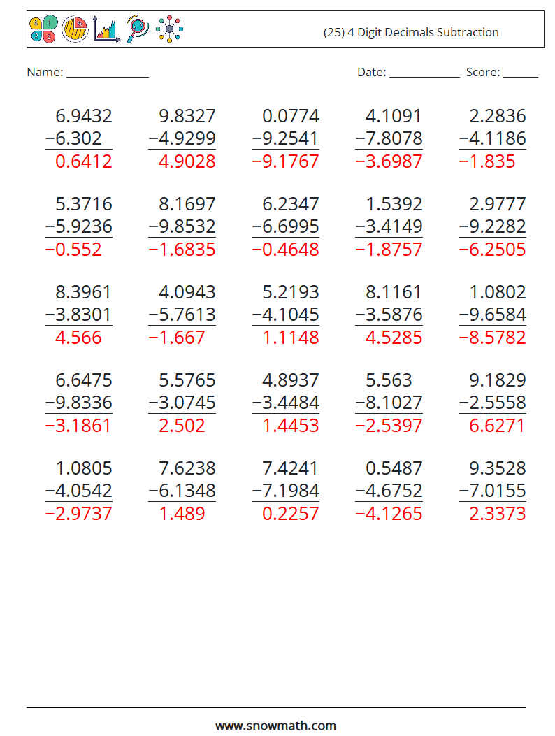 (25) 4 Digit Decimals Subtraction Math Worksheets 18 Question, Answer