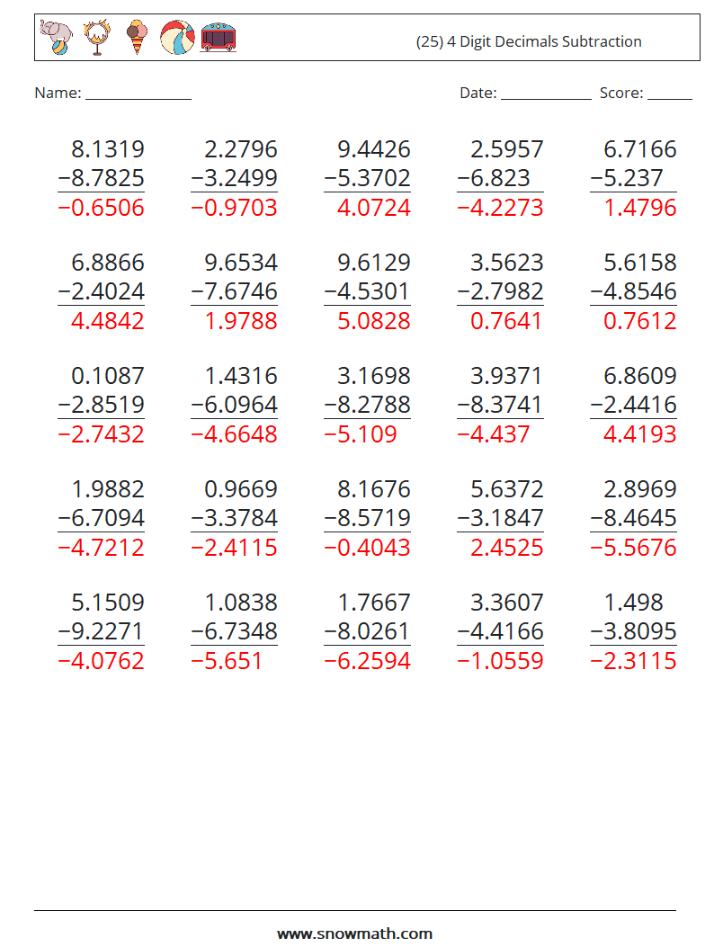 (25) 4 Digit Decimals Subtraction Math Worksheets 1 Question, Answer