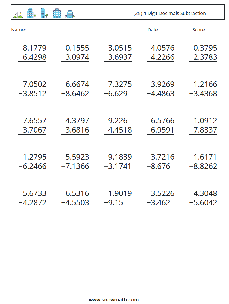 (25) 4 Digit Decimals Subtraction Math Worksheets 2