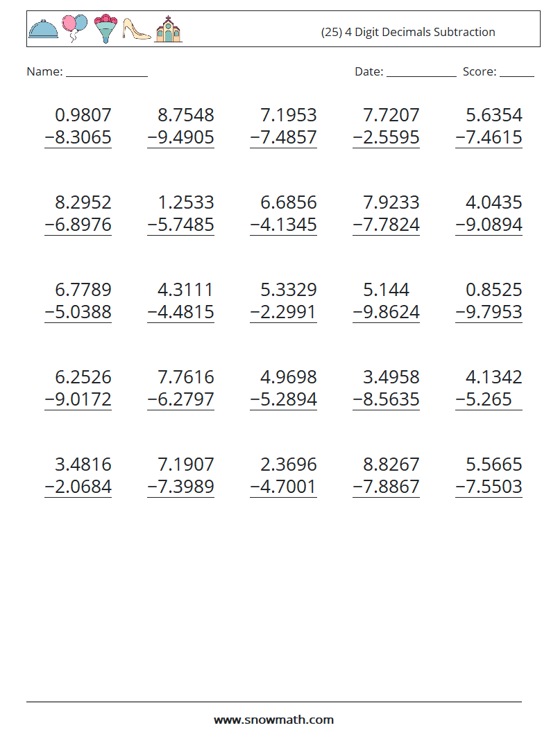 (25) 4 Digit Decimals Subtraction Math Worksheets 3