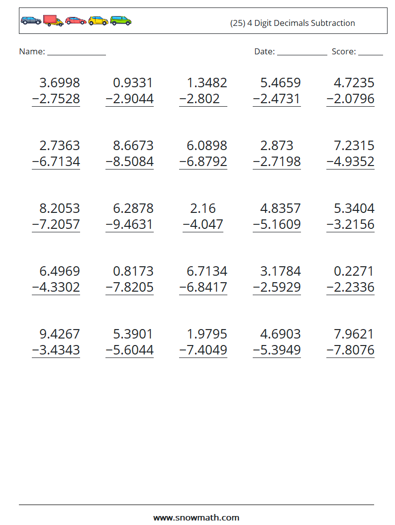 (25) 4 Digit Decimals Subtraction Math Worksheets 4