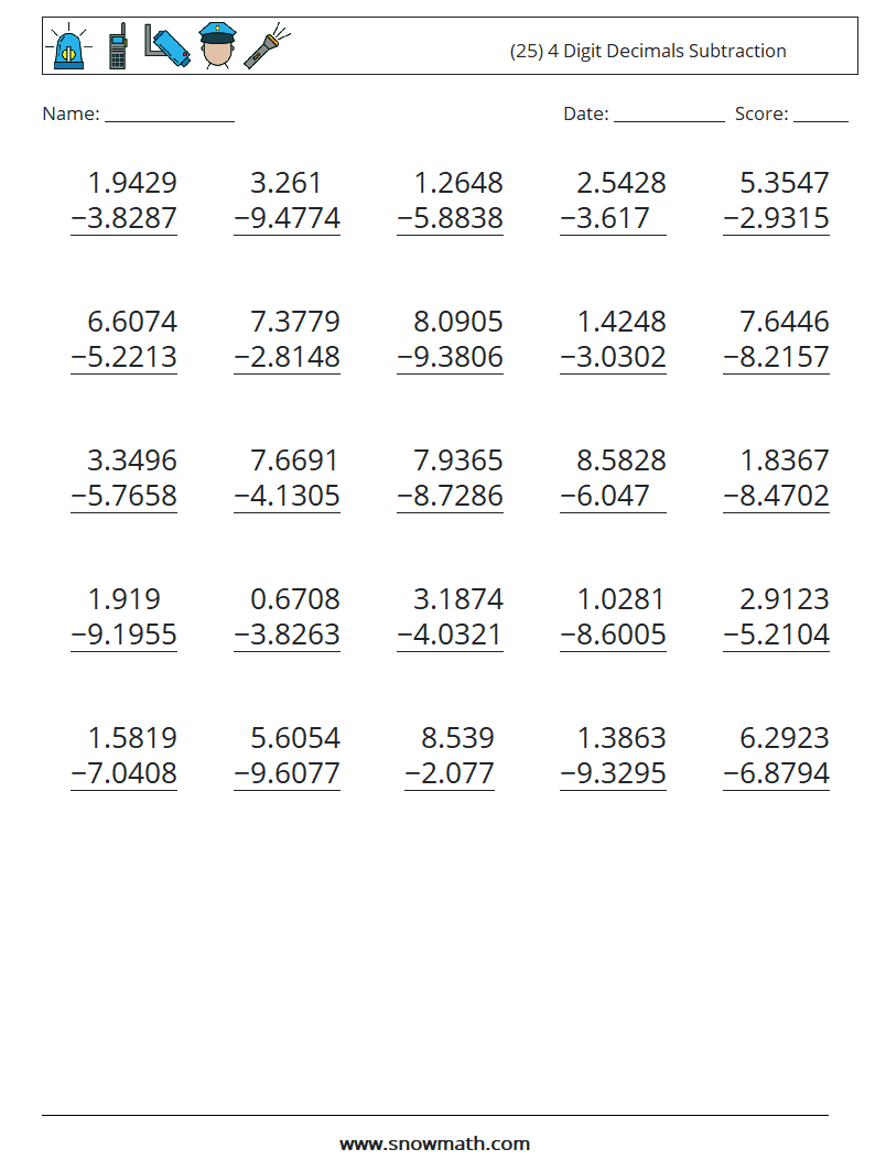 (25) 4 Digit Decimals Subtraction Math Worksheets 5