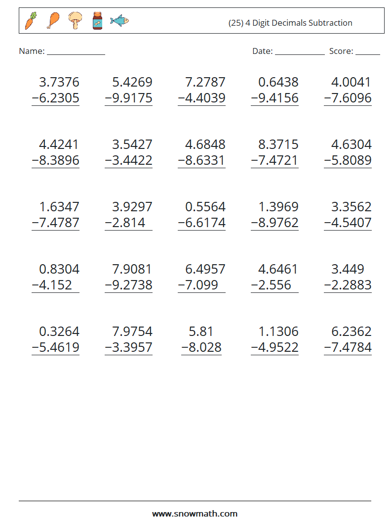 (25) 4 Digit Decimals Subtraction Math Worksheets 6