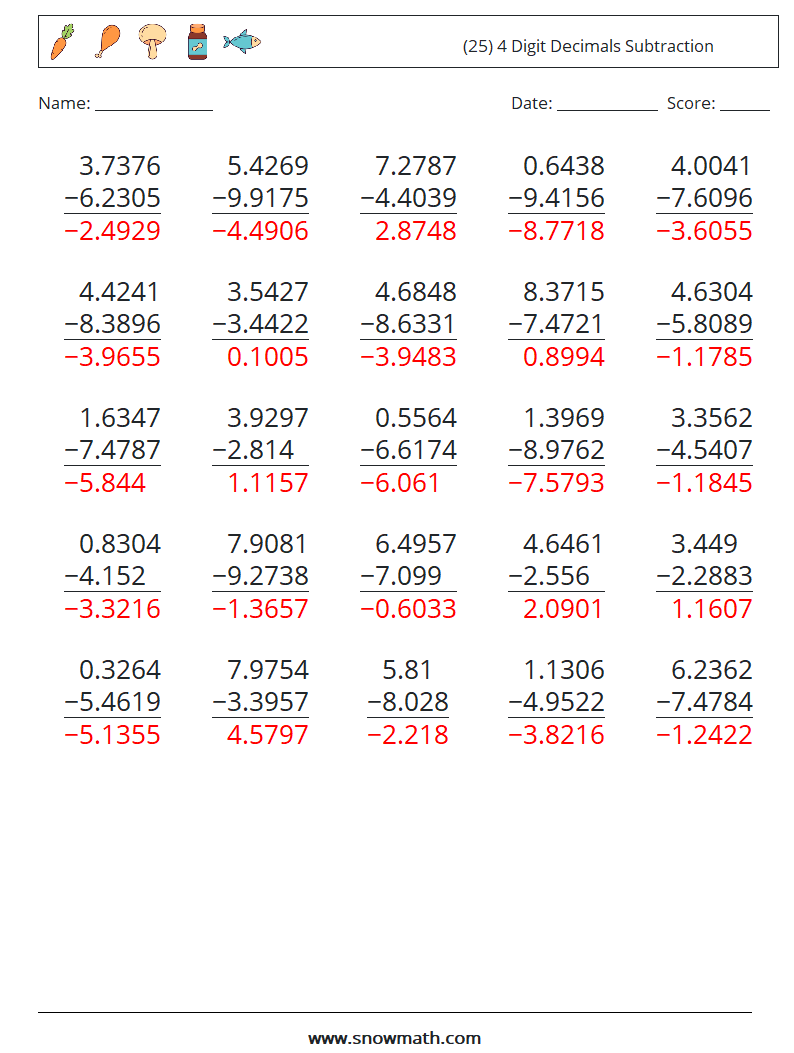 (25) 4 Digit Decimals Subtraction Math Worksheets 6 Question, Answer
