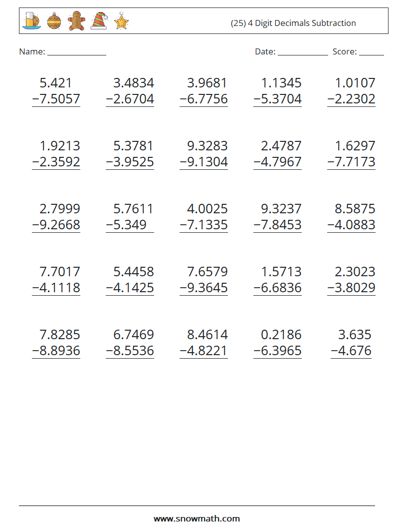 (25) 4 Digit Decimals Subtraction Math Worksheets 7