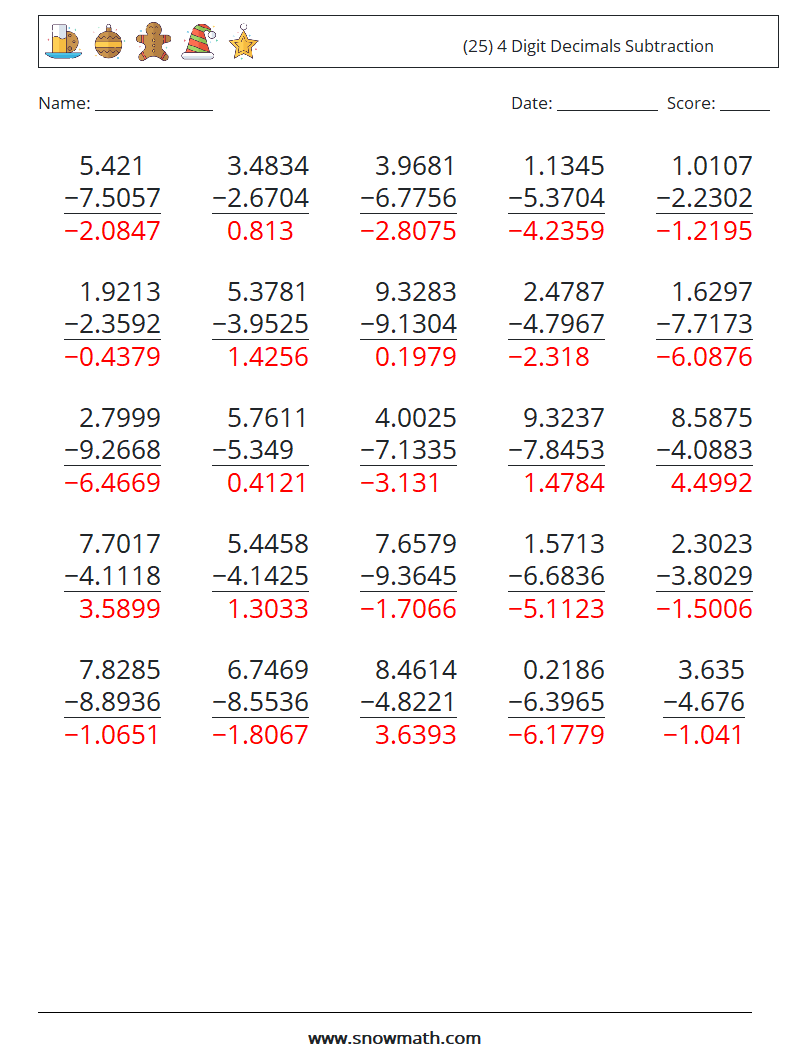 (25) 4 Digit Decimals Subtraction Math Worksheets 7 Question, Answer