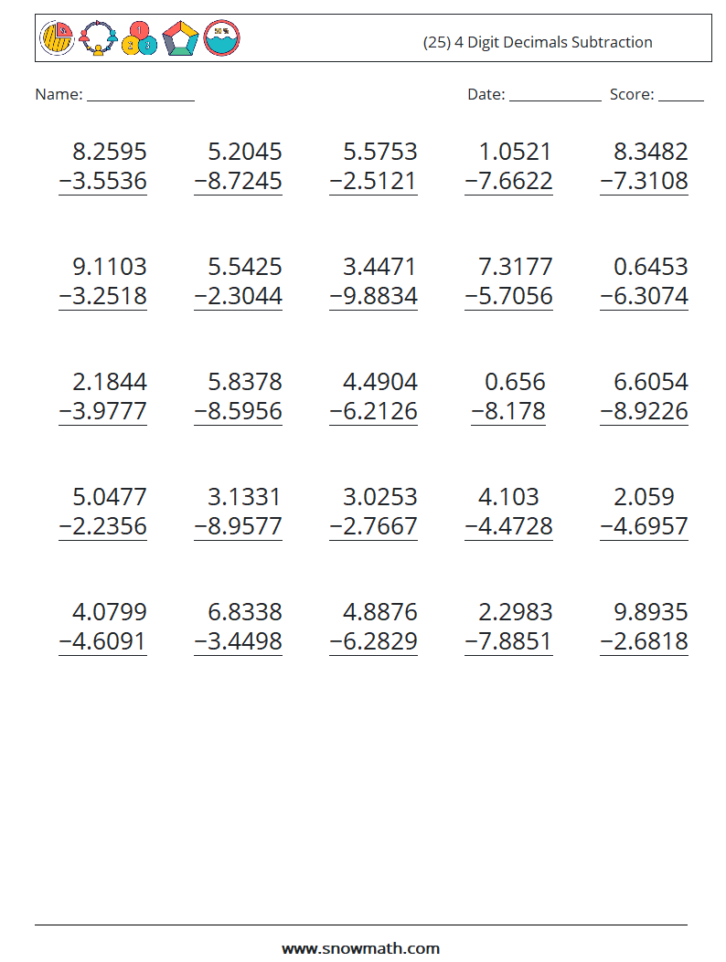 (25) 4 Digit Decimals Subtraction Math Worksheets 8