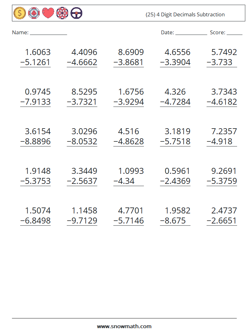 (25) 4 Digit Decimals Subtraction Math Worksheets 9