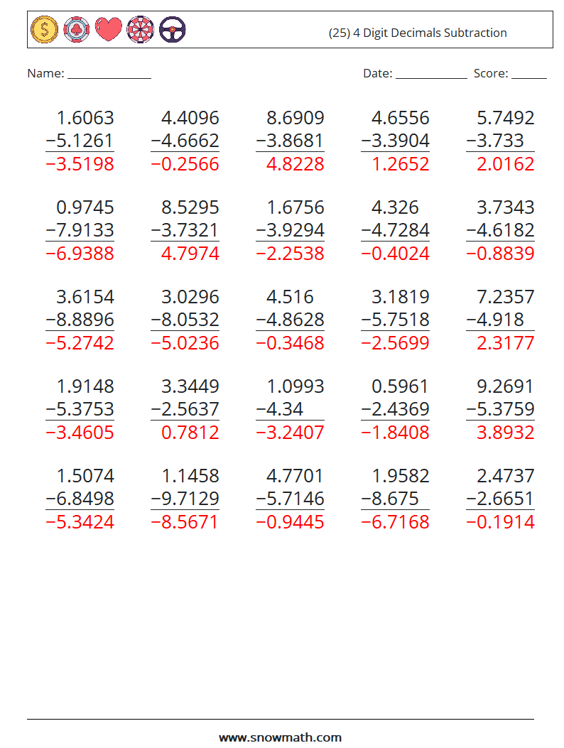 (25) 4 Digit Decimals Subtraction Math Worksheets 9 Question, Answer