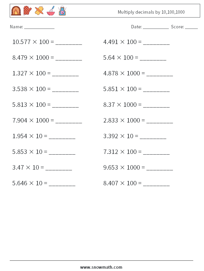 Multiply decimals by 10,100,1000 Math Worksheets 1