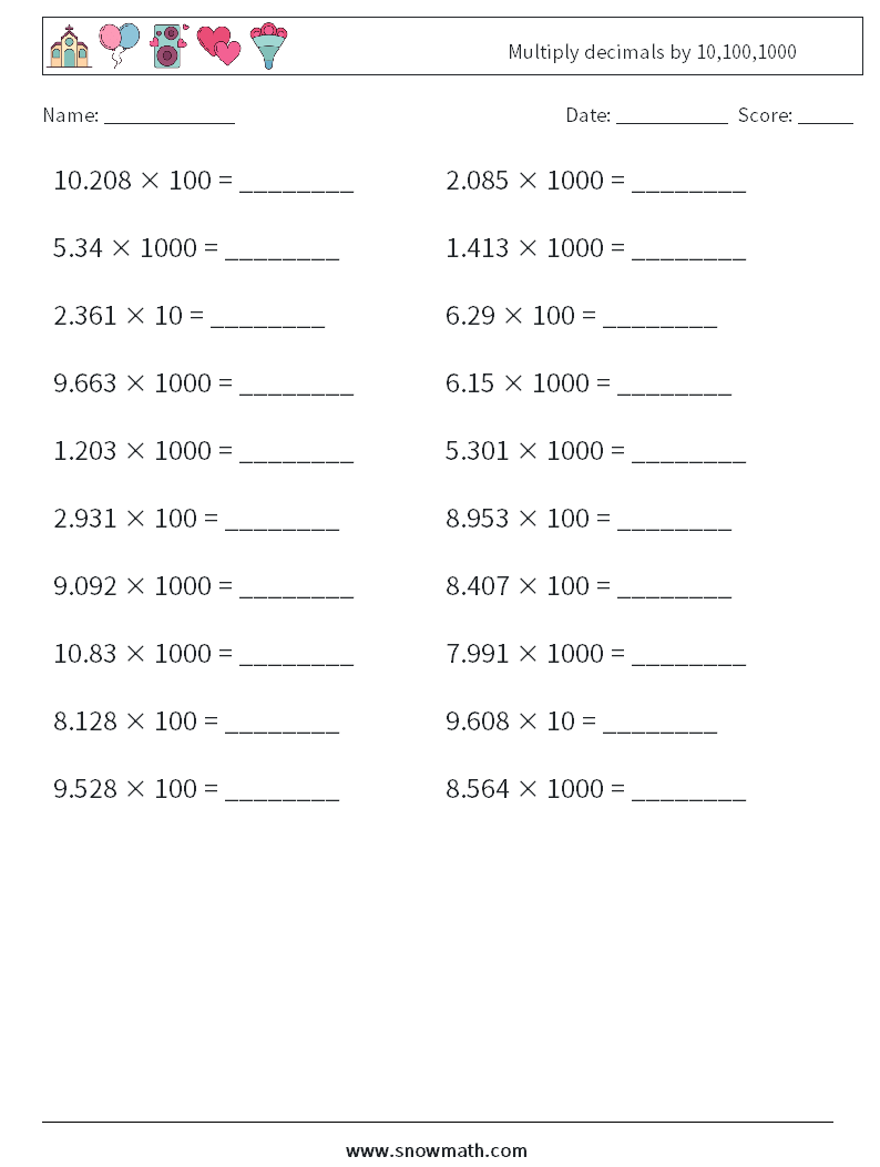 Multiply decimals by 10,100,1000 Math Worksheets 11