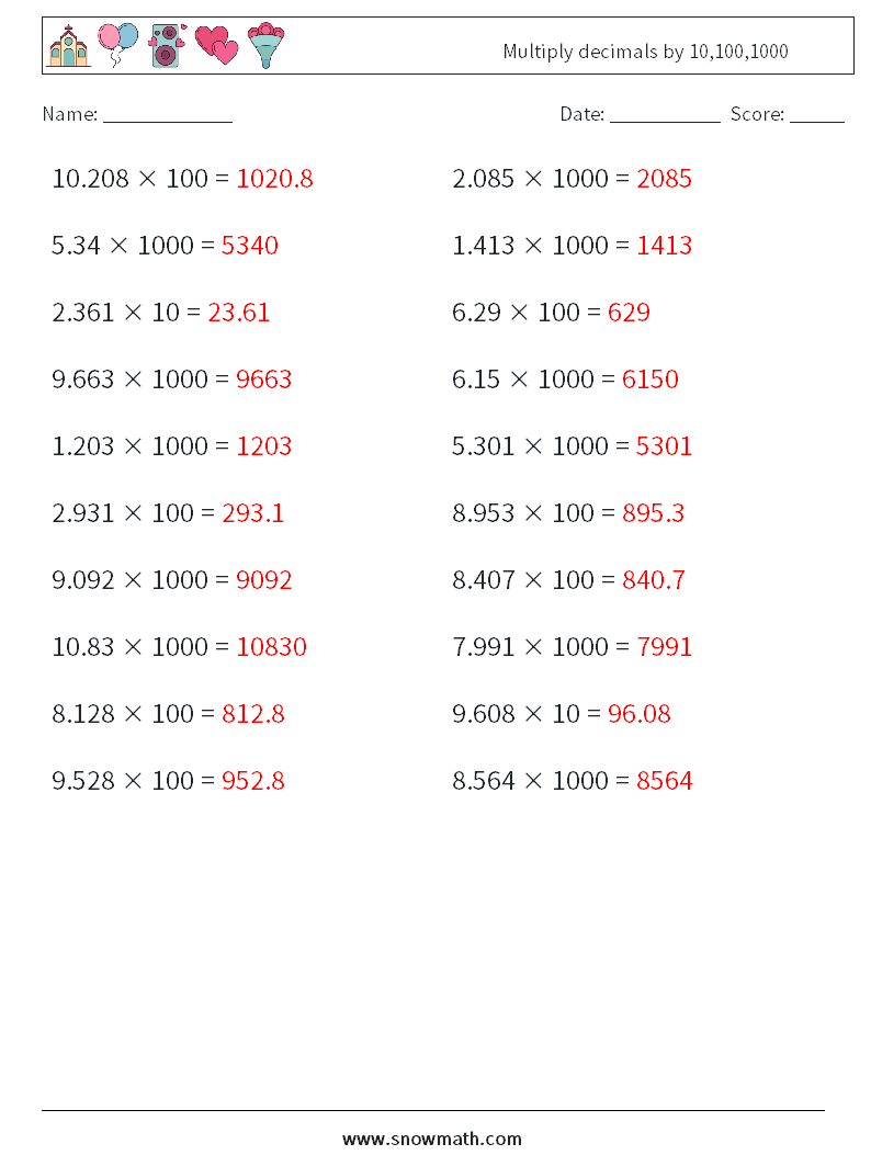 Multiply decimals by 10,100,1000 Math Worksheets 11 Question, Answer
