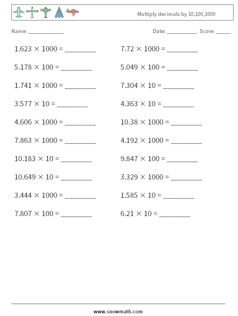 Multiply decimals by 10,100,1000 Math Worksheets 13