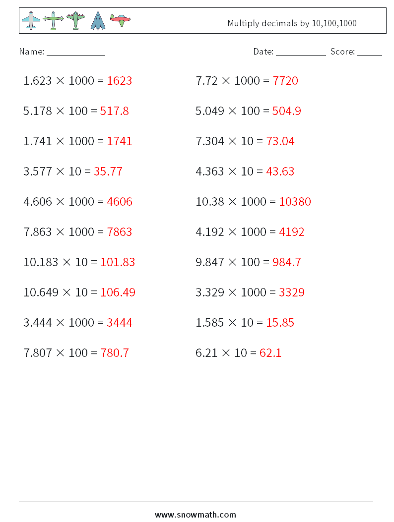 Multiply decimals by 10,100,1000 Math Worksheets 13 Question, Answer