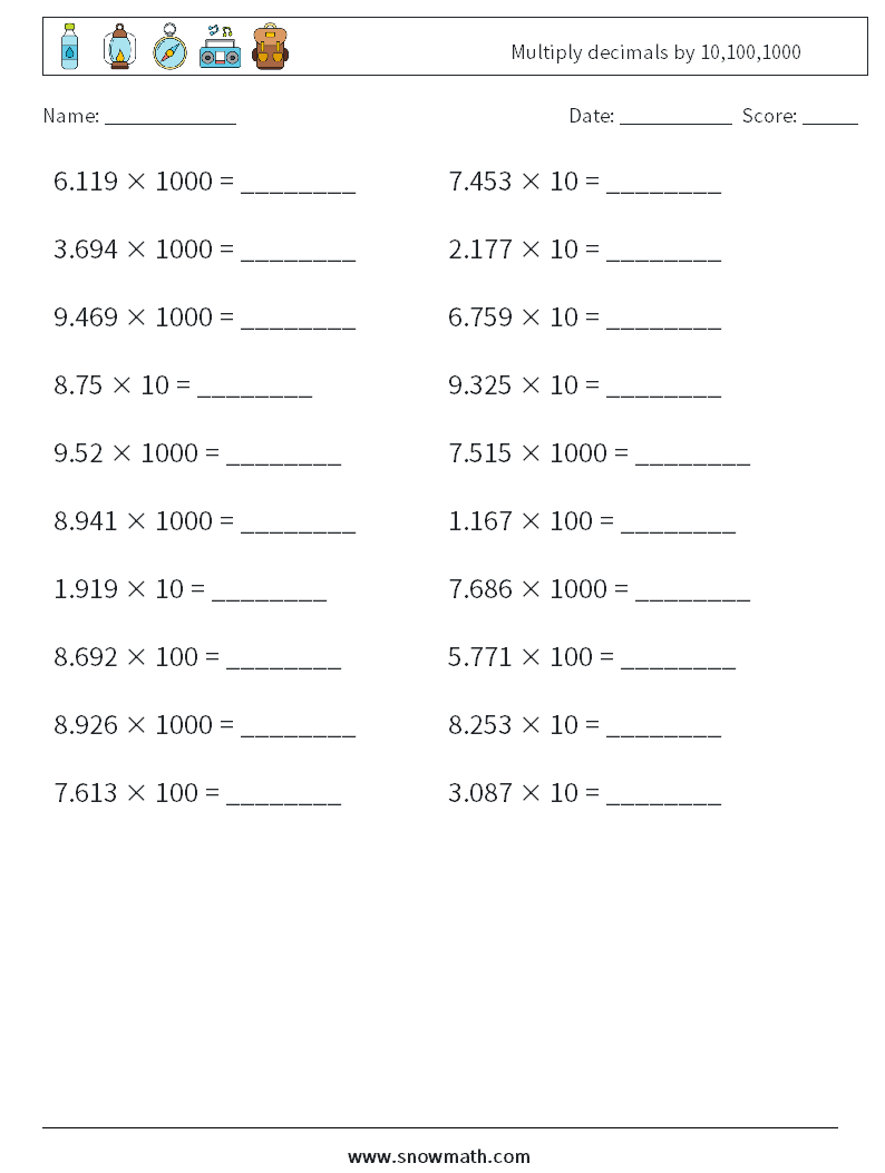 Multiply decimals by 10,100,1000 Math Worksheets 14