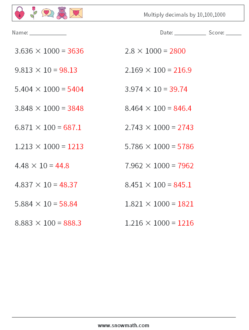 Multiply decimals by 10,100,1000 Math Worksheets 15 Question, Answer