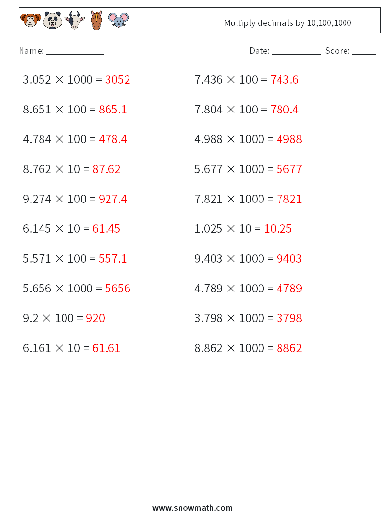 Multiply decimals by 10,100,1000 Math Worksheets 17 Question, Answer