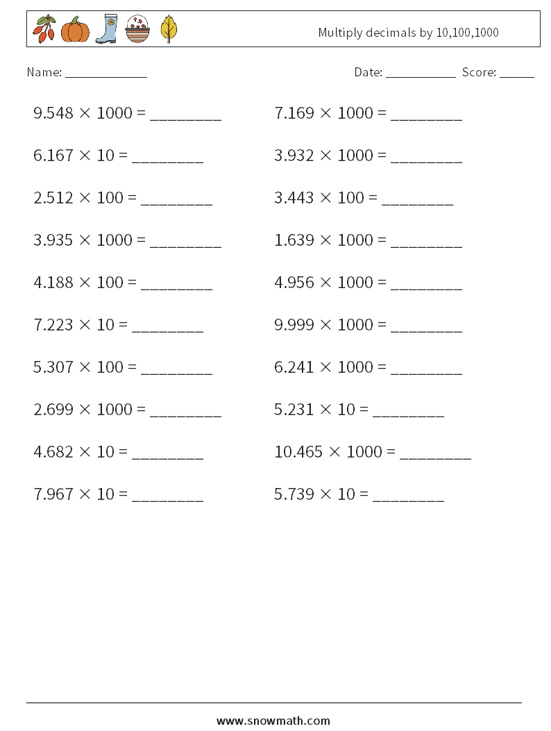 Multiply decimals by 10,100,1000 Math Worksheets 18