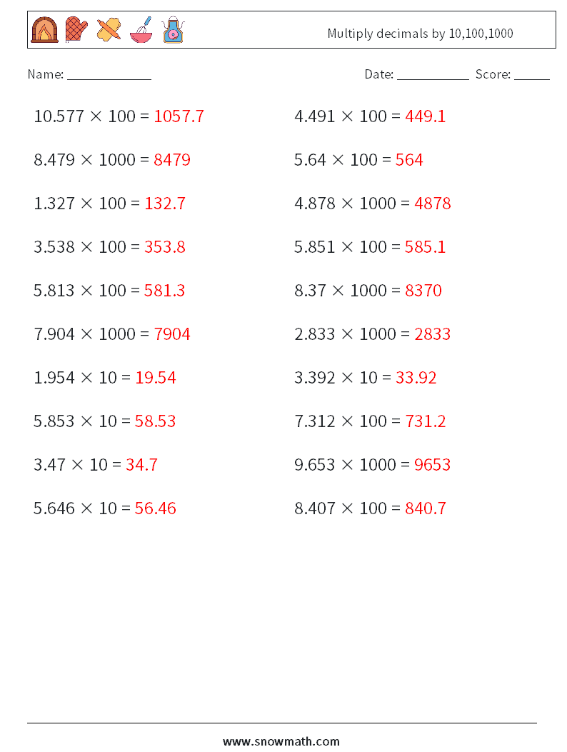 Multiply decimals by 10,100,1000 Math Worksheets 1 Question, Answer