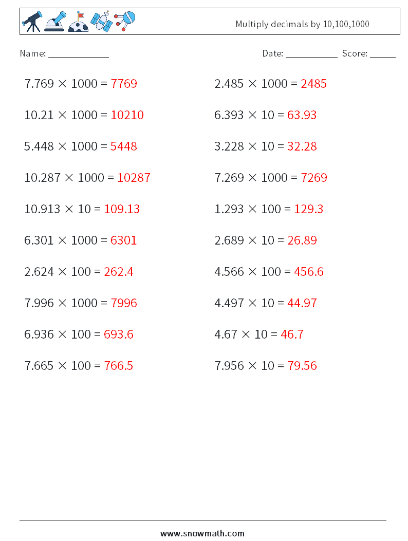 Multiply decimals by 10,100,1000 Math Worksheets 3 Question, Answer
