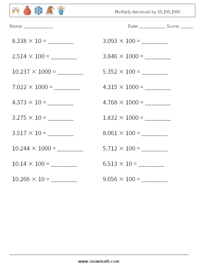 Multiply decimals by 10,100,1000 Math Worksheets 4