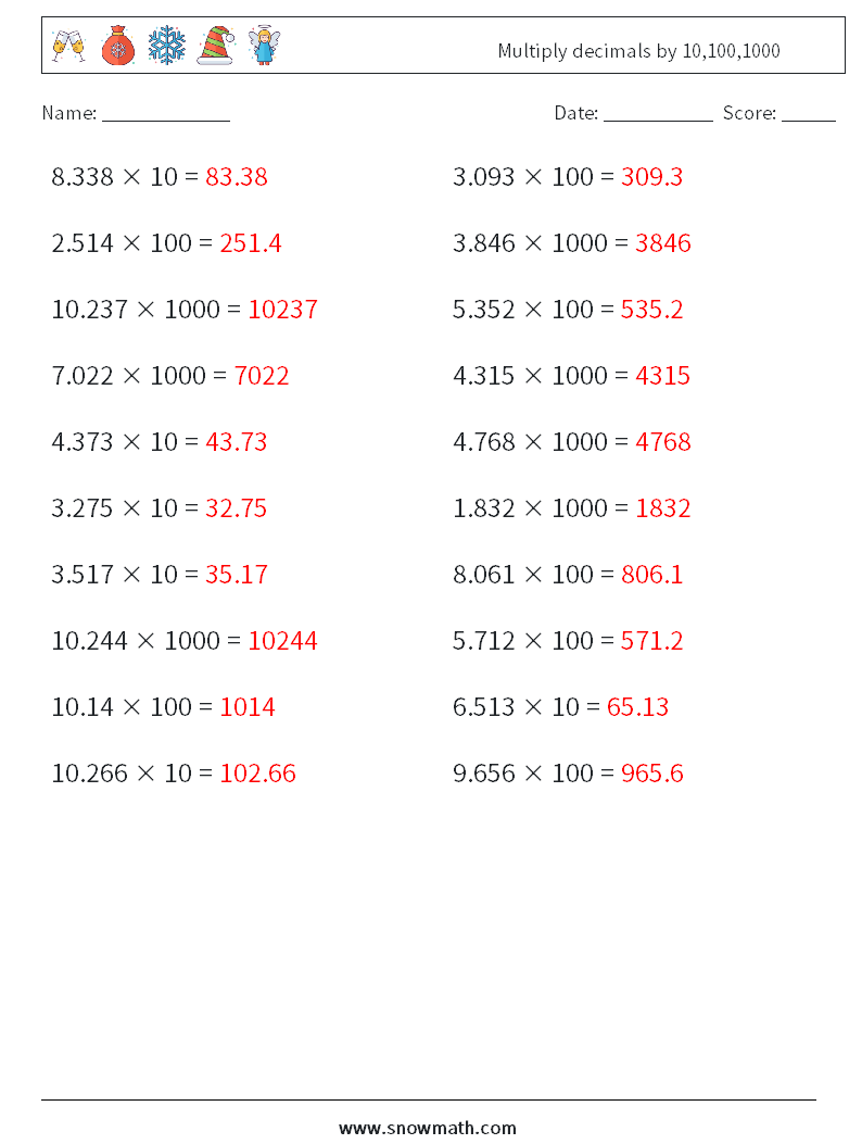 Multiply decimals by 10,100,1000 Math Worksheets 4 Question, Answer