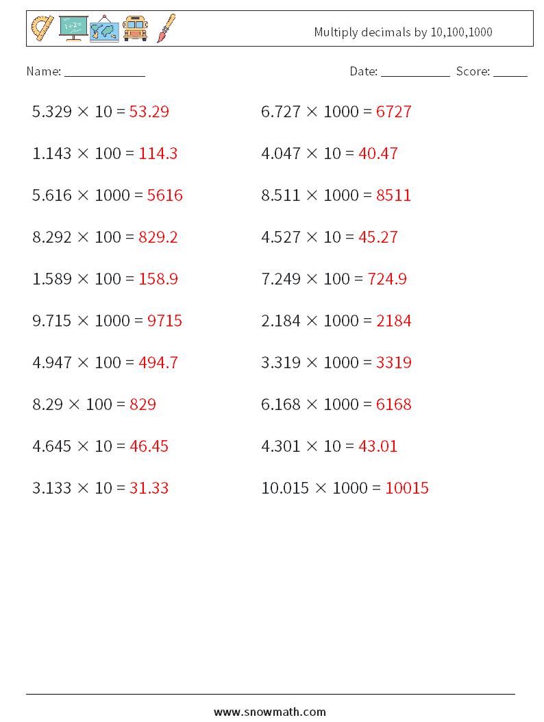 Multiply decimals by 10,100,1000 Math Worksheets 5 Question, Answer