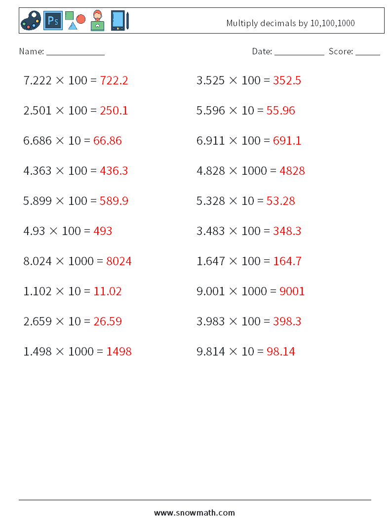 Multiply decimals by 10,100,1000 Math Worksheets 6 Question, Answer