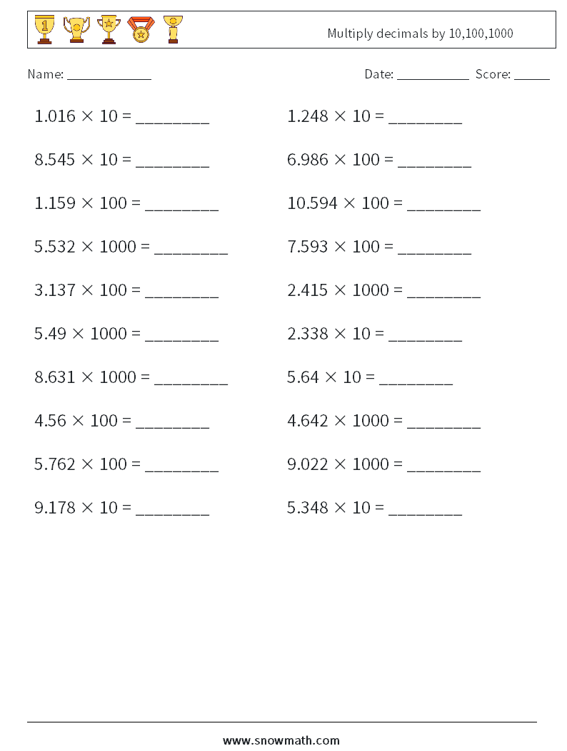 Multiply decimals by 10,100,1000 Math Worksheets 7